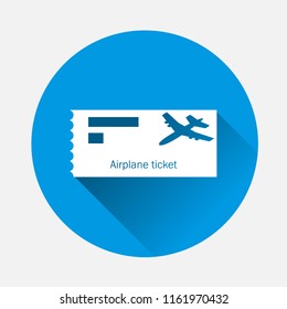  Vector icon airplane ticket on blue background. Flat image Vacation with long shadow. Layers grouped for easy editing illustration. For your design.