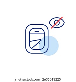 Vector icon of airplane window with crossed-out eye, symbolizing hidden view, private travel, or restricted visibility. Ideal for travel apps, aviation platforms, and privacy settings