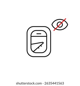Vector icon of airplane window with crossed-out eye, symbolizing hidden view, private travel, or restricted visibility. Ideal for travel apps, aviation platforms, privacy settings