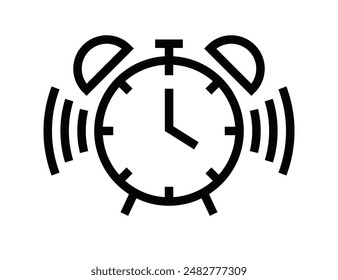 Vector icon of an alarm clock, representing time, wake up, and schedule themes. Simple black and white design. Editable stroke.