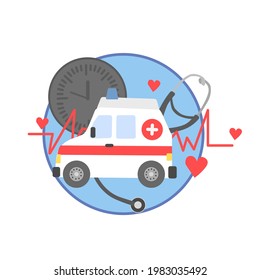 vector icon with ambulance car, cardiogram, first aid medical luggage with pill bottles and lung listening machine