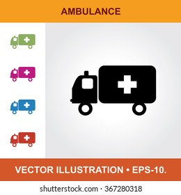 Vector Icon Of Ambulance With Title & Small Multicolored Icons. Eps-10.