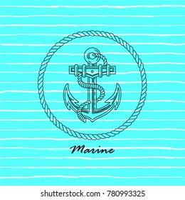 vector icon anchor with  circular rope frame  on a striped background