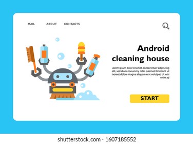 Vector icon of android housemaid cleaning house. Home robot, cleaning service, housework. Smart home concept. Can be used for topics like technology, robotic technology, service