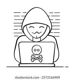 Vector icon for anonymous hacker with a laptop displaying a skull symbol. Minimalist black-and-white design