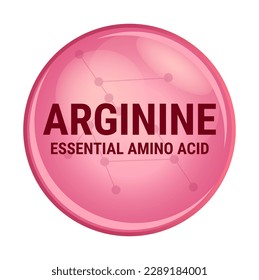 Vector icon of arginine. Essential amino acid with the abbreviation Arg. Red molecule isolated on a white background. R amino acid used in the biosynthesis of proteins. Food and nutrition concept.	