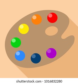 Vector icon of an artistic palette for paints. Flat wooden palette with seven colors of the rainbow. Stylized image with shadow.