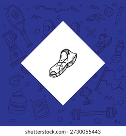 Vektorsymbol eines sportlichen Laufschuhs. Auf hellblauem Hintergrund mit subtilen Fitness-Doodle-Mustern. Perfekt für Joggen, Marathontraining und aktive Bekleidungsdesigns.