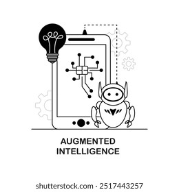 Ícone de vetor para Inteligência aumentada e assistência de IA. Representa um robô com um dispositivo móvel e uma lâmpada, simbolizando a inteligência humana aprimorada com ferramentas de IA.