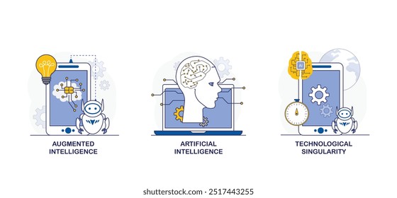 Vector icon for augmented intelligence, artificial intelligence, and technological singularity. Depicts a robot, brain, and technology objects representing AI functions in digital systems.