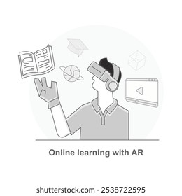 Vector icon for Augmented Reality in Digital Education. Features an individual using AR glasses to interact with virtual learning elements like books, 3D shapes.