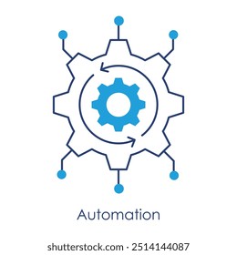 Vector icon for Automation. A cog connected to a network, representing workflow automation and task optimization in a blue and white minimalistic style.