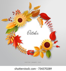 Vector icon with autumn leaves, flowers and berries. Paper cut style.
