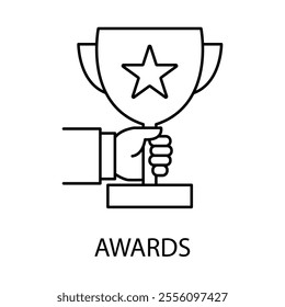 Vector icon for Awards. A hand holding a trophy with a star representing achievements and recognition.