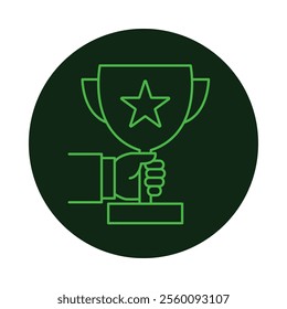 Vector icon for Awards. A hand holding a trophy with a star representing achievements and recognition.