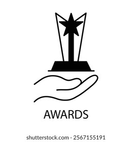 Vector icon for awards. Hand-drawn trophy and ribbon for excellence, honor, and top performance.