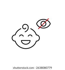 Vector icon of baby face with crossed-out eye, symbolizing hidden baby monitor, private mode, or invisible status. Ideal for parenting apps, smart baby devices, and privacy settings