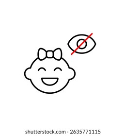 Vector icon of baby girl face with crossed-out eye, symbolizing hidden baby monitor, private mode, or invisible status. Ideal for parenting apps, smart baby devices, and privacy