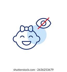 Vector icon of baby girl face with crossed-out eye, symbolizing hidden baby monitor, private mode, or invisible status. Ideal for parenting apps, smart baby devices, and privacy settings