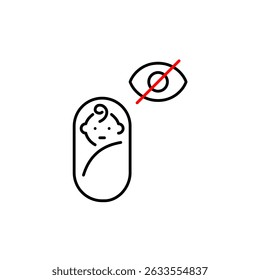 Vector icon of baby swaddle with crossed-out eye, symbolizing hidden baby monitor, private mode, or invisible status. Ideal for parenting apps, smart baby devices, and privacy settings