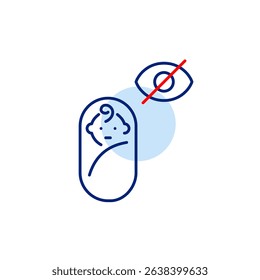 Vector icon of baby swaddle with crossed-out eye, symbolizing hidden baby monitor, private mode, or invisible status. Ideal for parenting apps, smart baby devices, and privacy settings