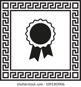 vector icon badge with ribbons in a frame with a Greek ornament