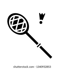 Vector icon of badminton racket and shuttlecock. Black sihouette of badminton equipment on white background. Graphic element for web design
