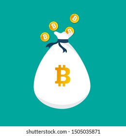 Vector icon of bags with bitcoins on a green background. Vector illustration. 
