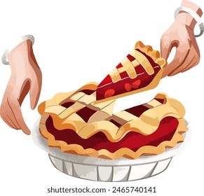 Vector icon for bakery, cafe, sweets shop: Berry pie in a plate and hands holding a piece of pie