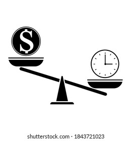Icono vectorial del balance de dinero y tiempo en escalas. Ilustración de comparar la vida con las finanzas. Imagen de archivo.