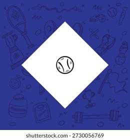Vektorsymbol eines Balls. Auf blauem Hintergrund mit subtilen Fitness-Doodle-Mustern. Ideal für Sportturniere, Sportvereine und aktive Lifestyle-Grafikdesigns.