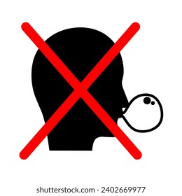 Vector Icon of Ban on Eating Gum. Head Concept Making Rubber Balloons With Red Cross On White Background. Chewing Gum is Not Allowed
