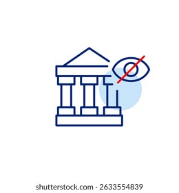 Vector icon of bank building with crossed-out eye, symbolizing hidden account, private banking, or invisible financial data. Ideal for fintech apps, security settings, and UI design