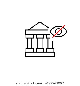 Vector icon of bank building with crossed-out eye, symbolizing hidden account, private banking, or invisible financial data. Ideal for fintech apps, security settings, and UI