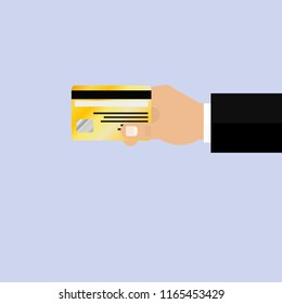 Vector icon of a bank card in hand. Vector illustration. Flat design for business financial marketing advertisement advertisement web concept cartoon illustration