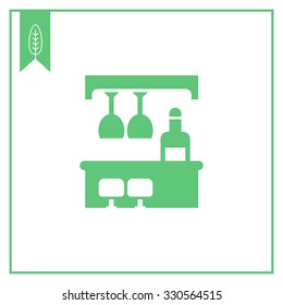Vector icon of bar counter with bottle, glasses and chairs