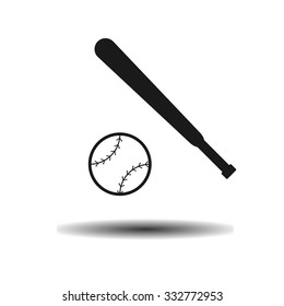 Vector icon baseball ball and bit with shadow on light background