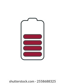 Vector icon of a battery with red charging bars, symbolizing energy and power status. Ideal for utility apps or battery indicators.