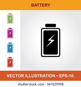 Vector Icon Of Battery With Title & Small Multicolored Icons. Eps-10.