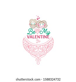 Vector icon Be My Valentine. Colorful symbol love couple, ornate heart. Isolated. Valentines happy man and woman. Icons, elements, ornate hearts, illustration for greetings on Valentine's Day