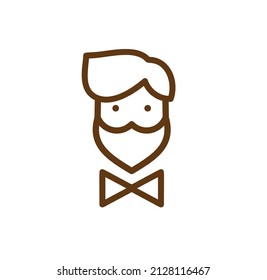 Vector icon of bearded man face with the bow tie, isolated logo for barber shop.