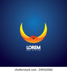 vector icon of beautiful orange & yellow colored bird with wings spread up high against a blue background