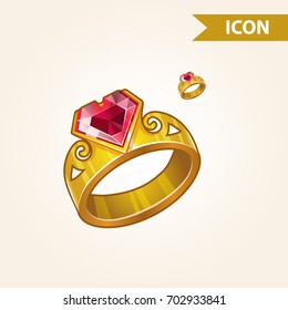 Vector icon beautiful princess golden ring with diamond like red heart