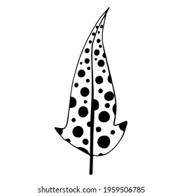 Vector icon beautiful vintage feather with polka dots. Isolated bird feather on a white background. Doodle illustration, black silhouette. Monochrome hand-drawn