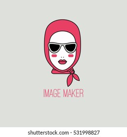 Vector icon for beauty. Beautiful Head, face of woman in scarf with sunglasses. Symbol of beauty, glamour, makeup, style, luxury. Illustration for stylist, sunglasses store