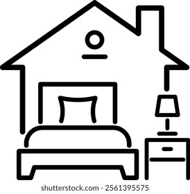 A vector icon of a bedroom with a double bed, editable outlines. Ideal for real estate, hotel bookings, or interior design projects, combining simplicity and versatility for various uses.