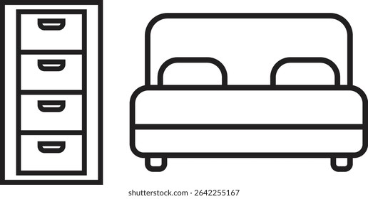 Vector icon of bedroom furniture in minimal outline style. The set features a bed with pillows and a bedside drawer or cabinet with multiple compartments.