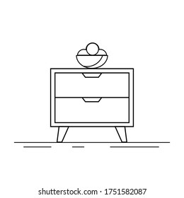 Vector icon of bedside table, modern furniture design. Bedside wooden chest of drawers, carpentry. Decorative table, linear pictogram. Dresser furniture line icon. Monochrome contour illustration.