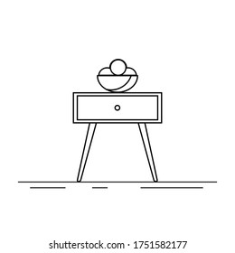 Vector icon of bedside table, modern furniture design. Bedside wooden chest of drawers, carpentry. Decorative table, linear pictogram. Dresser furniture line icon. Monochrome contour illustration.