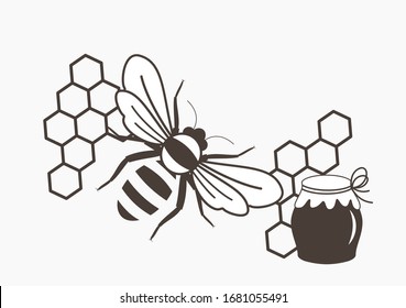 Vector icon with bee, honeycomb and pitcher for honey of dark brown on a white background.